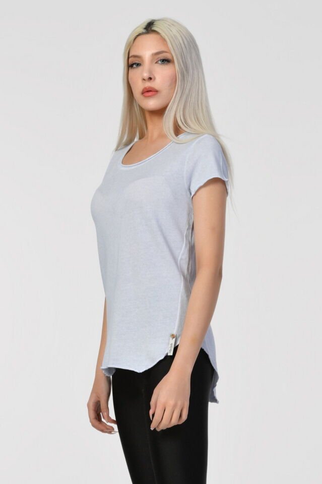 Cotton Candy Geniş Bisiklet Yaka Kadın T-Shirt - Buz Mavisi