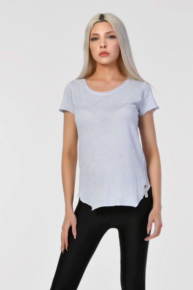 Cotton Candy Geniş Bisiklet Yaka Kadın T-Shirt - Buz Mavisi