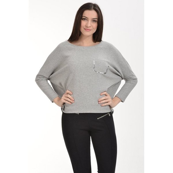 Cotton Candy Folyo Kontürlü Uzun Kol Kadın T-Shirt - Gri Melanj