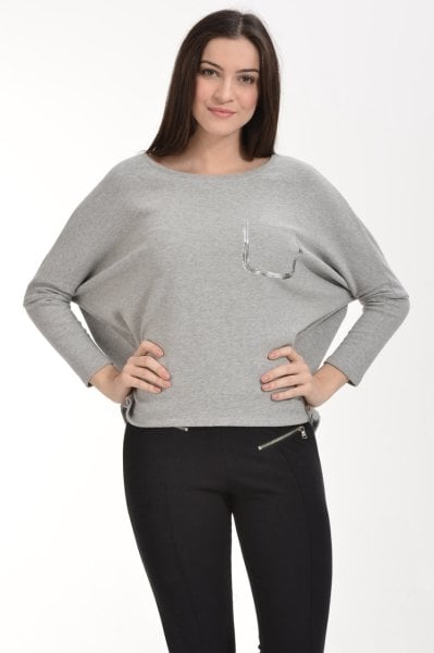 Cotton Candy Folyo Kontürlü Uzun Kol Kadın T-Shirt - Gri Melanj
