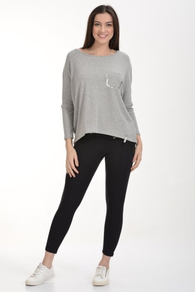 Cotton Candy Folyo Kontürlü Uzun Kol Kadın T-Shirt - Gri Melanj
