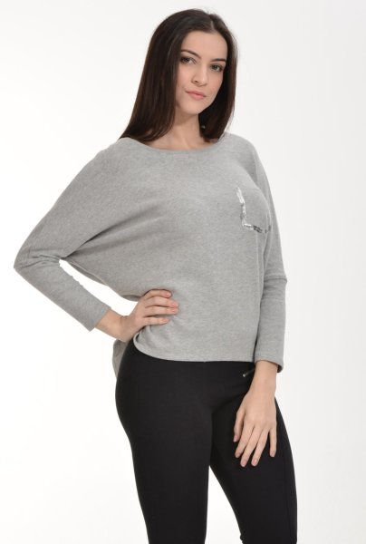 Cotton Candy Folyo Kontürlü Uzun Kol Kadın T-Shirt - Gri Melanj