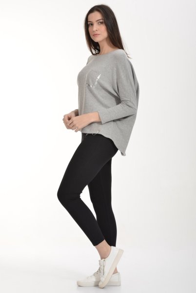 Cotton Candy Folyo Kontürlü Uzun Kol Kadın T-Shirt - Gri Melanj