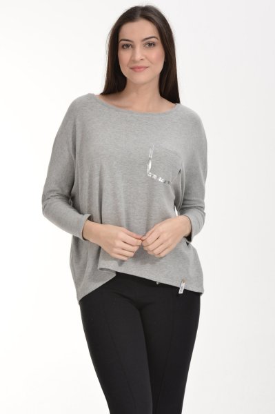 Cotton Candy Folyo Kontürlü Uzun Kol Kadın T-Shirt - Gri Melanj