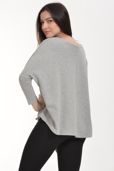 Cotton Candy Folyo Kontürlü Uzun Kol Kadın T-Shirt - Gri Melanj