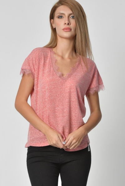 Cotton Candy Yaka ve Kol Dantel Detaylı Kadın T-Shirt - Nar Çiçeği