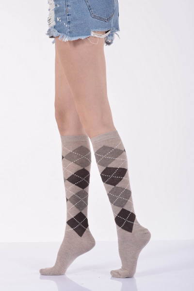 Kadın Ekoseli Dizaltı Çorabı  - Bej 6\\\'lı Paket