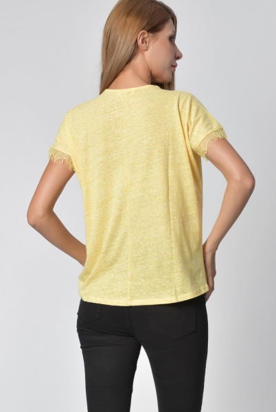 Cotton Candy Yaka ve Kol Dantel Detaylı Kadın T-Shirt - Sarı