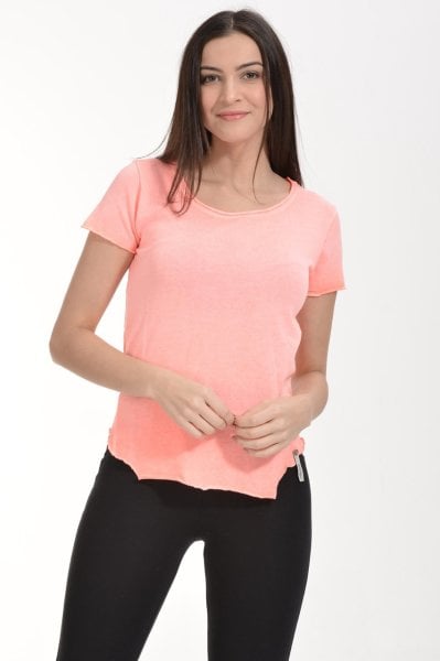 Cotton Candy Yağlı Yıkama Kısa Kol Kadın T-Shirt - Pembe