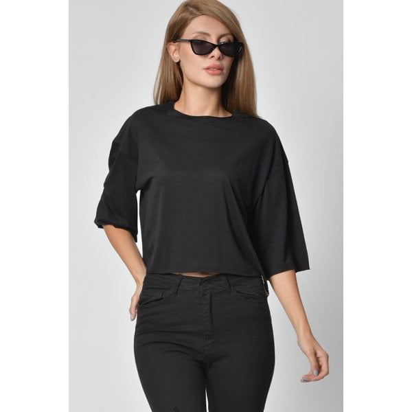 Cotton Candy Bisiklet Yaka Kadın T-Shirt - Siyah