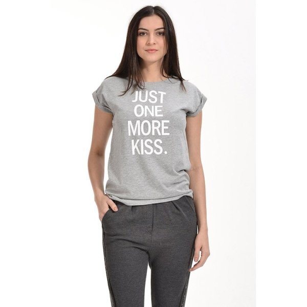 Cotton Candy Baskılı Kısa Kol Kadın T-Shirt - Gri Melanj