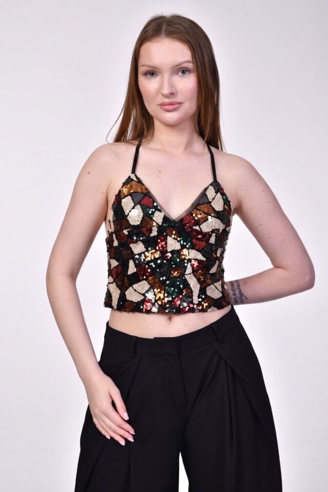 Bebe Plus Çok Renkli Payetli Halter Yaka Büstiyer  - Siyah/Kırmızı