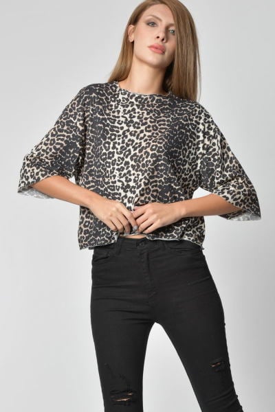 Cotton Candy Leopar Desen Kadın T-Shirt - Vizon