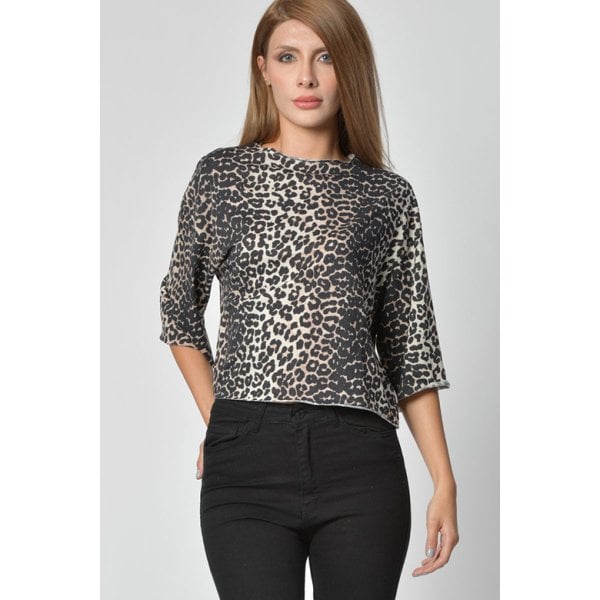 Cotton Candy Leopar Desen Kadın T-Shirt - Vizon