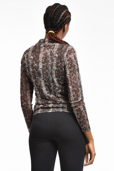 Zegy Transparan Leopar Desenli Kadın Bluz - Kahverengi