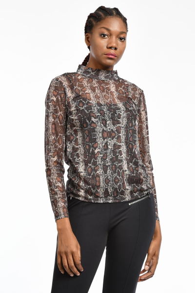 Zegy Transparan Leopar Desenli Kadın Bluz - Kahverengi