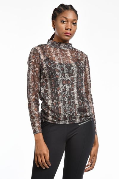 Zegy Transparan Leopar Desenli Kadın Bluz - Kahverengi