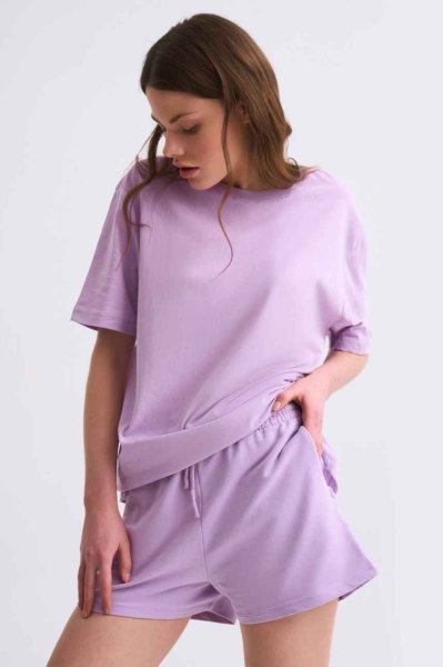Organik Cepli Regular Fit Bağcıklı Kadın Şort - Lila Lila - XL