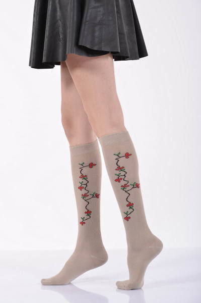 Kadın Yandan Kırmızı Çiçekli Dizaltı Çorabı   - Bej Tekli Paket