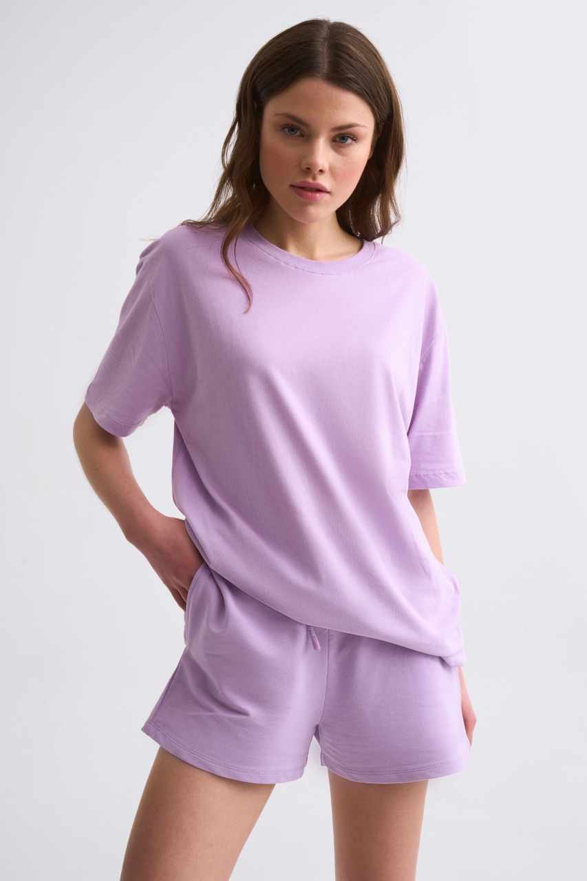 Organik Cepli Regular Fit Bağcıklı Kadın Şort - Lila Lila - XS