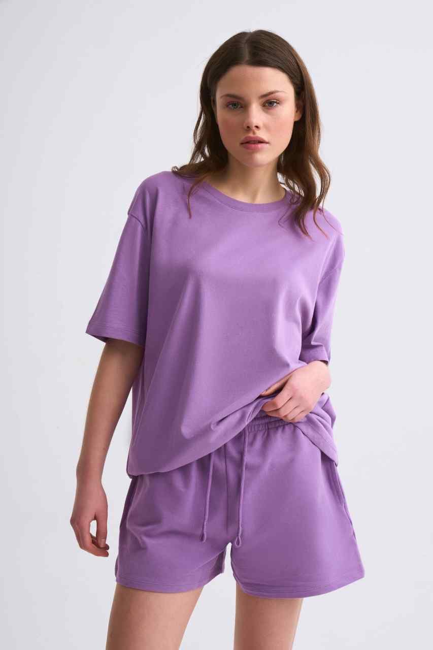 Organik Cepli Regular Fit Bağcıklı Kadın Şort - Mor Mor - L