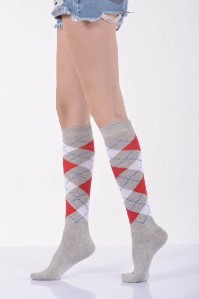 Kadın Ekoseli Dizaltı Çorabı  - Açık Gri Tekli Paket
