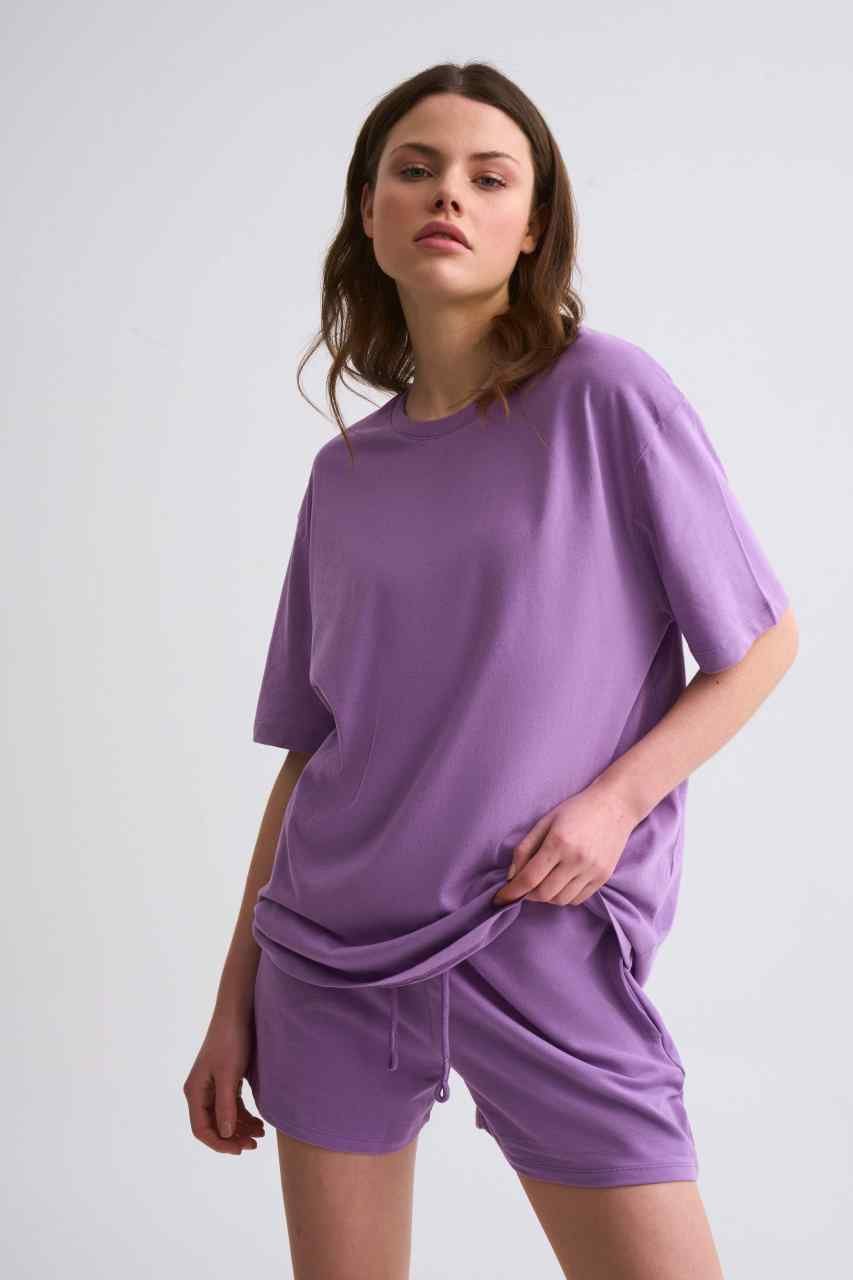 Organik Cepli Regular Fit Bağcıklı Kadın Şort - Mor Mor - XS