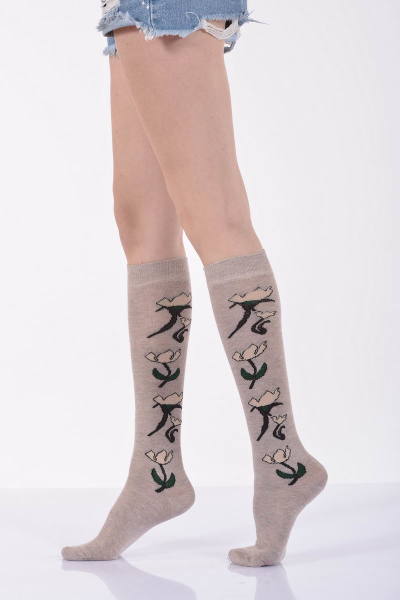 Kadın Çiçekli Dizaltı Çorabı   - Bej Tekli Paket