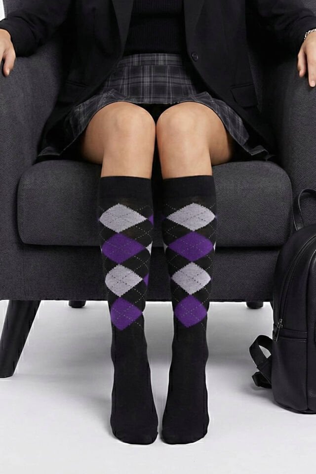 Moda1001 Kadın Ekoseli Premium Dizaltı Çorabı  - Kahve-Mor