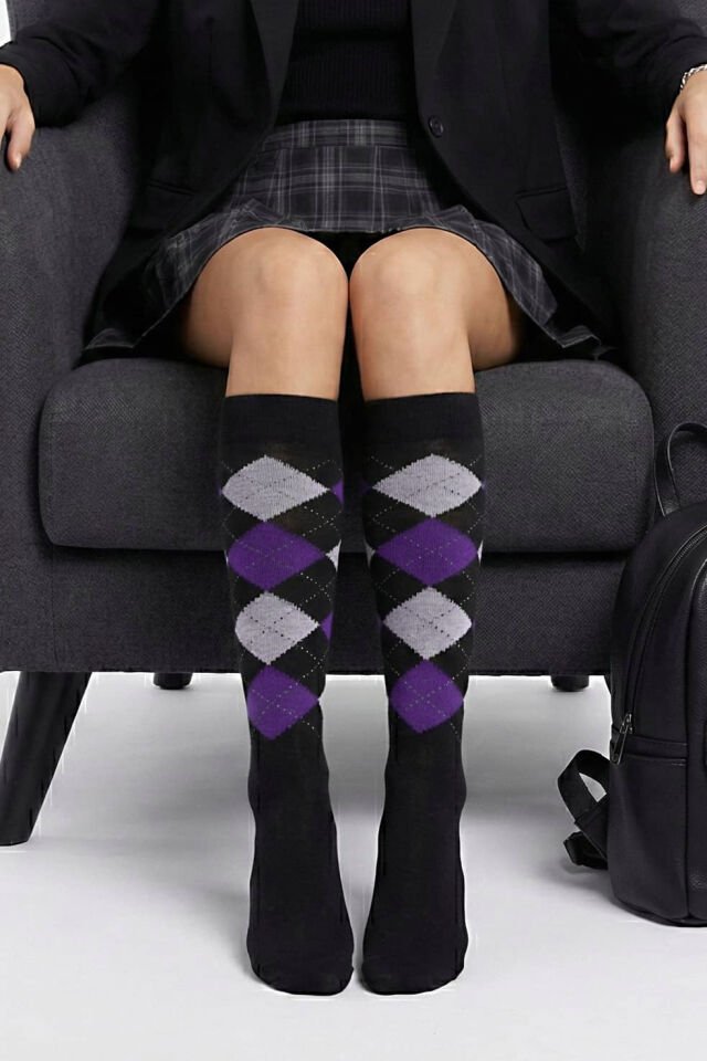 Moda1001 Kadın Ekoseli Premium Dizaltı Çorabı  - Kahve-Mor