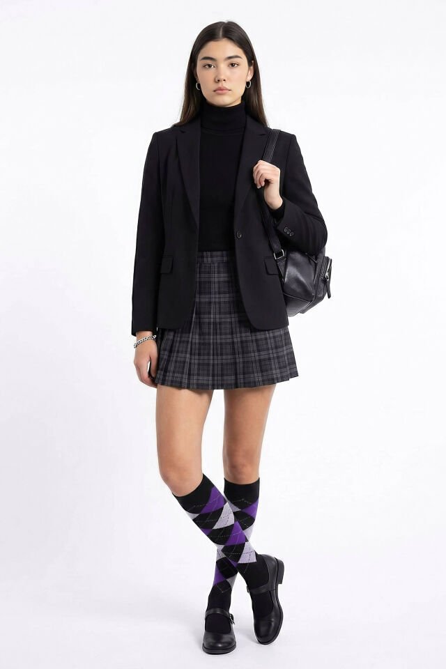 Moda1001 Kadın Ekoseli Premium Dizaltı Çorabı  - Kahve-Mor