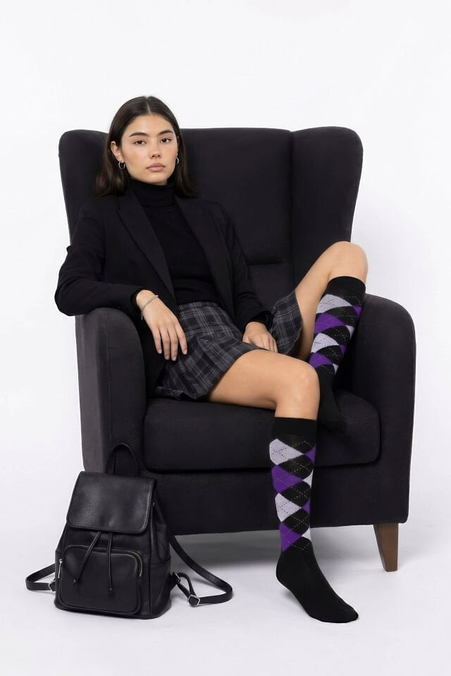 Moda1001 Kadın Ekoseli Premium Dizaltı Çorabı  - Kahve-Mor