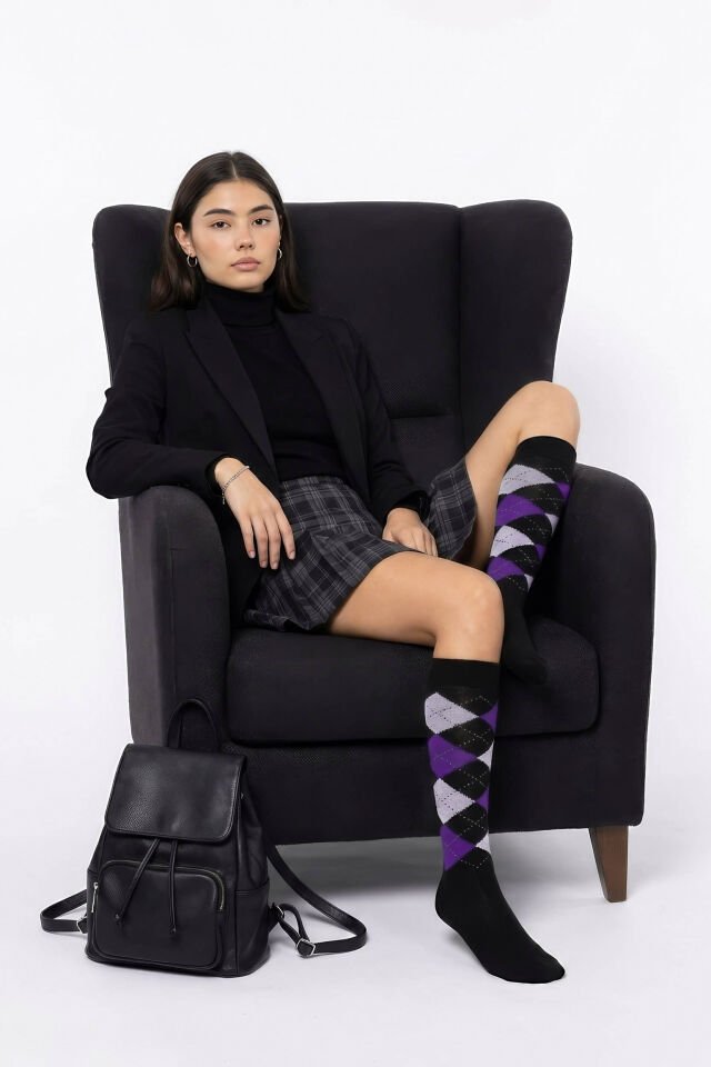 Moda1001 Kadın Ekoseli Premium Dizaltı Çorabı  - Kahve-Mor