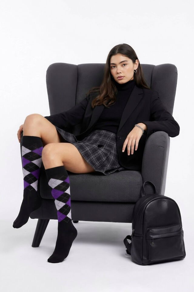 Moda1001 Kadın Ekoseli Premium Dizaltı Çorabı  - Kahve-Mor