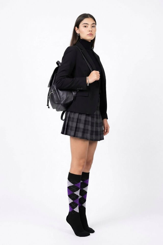 Moda1001 Kadın Ekoseli Premium Dizaltı Çorabı  - Kahve-Mor