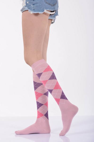 Kadın Ekoseli Dizaltı Çorabı  - Açık Pembe Tekli Paket