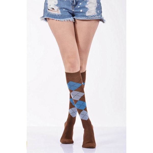 Kadın Ekoseli Dizaltı Çorabı  - Kahverengi Tekli Paket