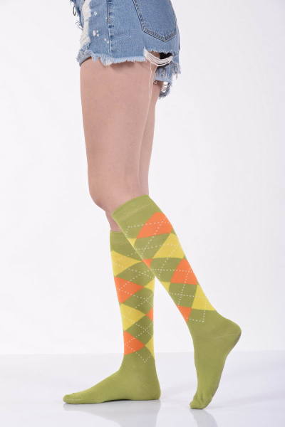 Kadın Ekoseli Dizaltı Çorabı  - Yeşil Tekli Paket