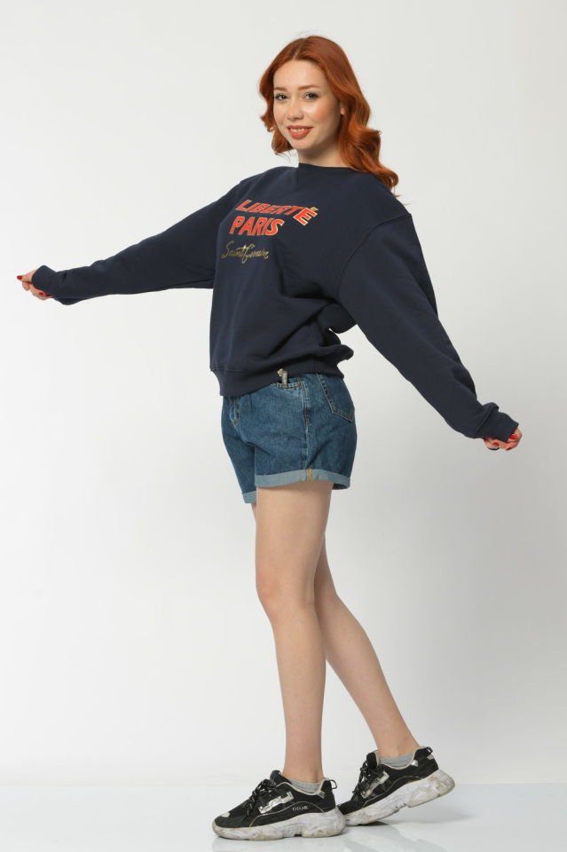 Cotton Candy Önü Yazılı Kadın Sweatshirt - Lacivert