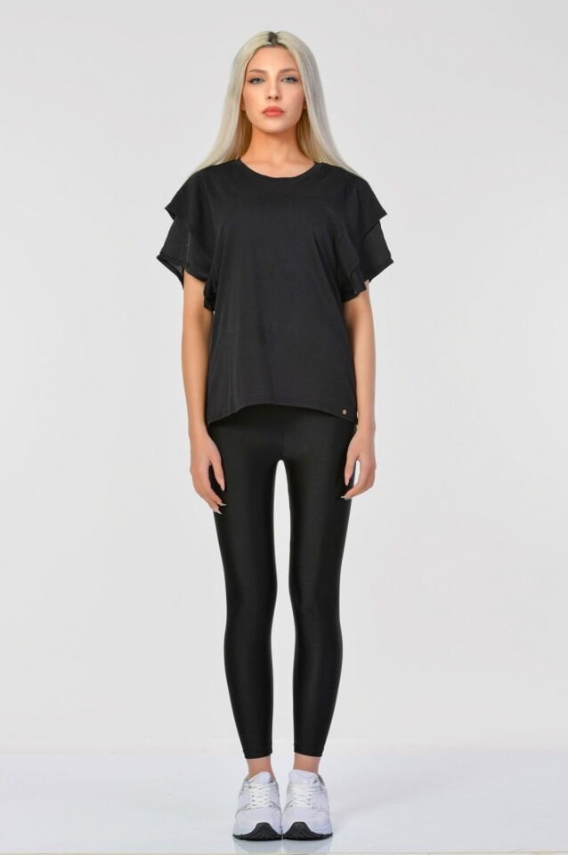 Cotton Candy Kol Uçları Saten Kısa Kol Kadın T-Shirt - Siyah