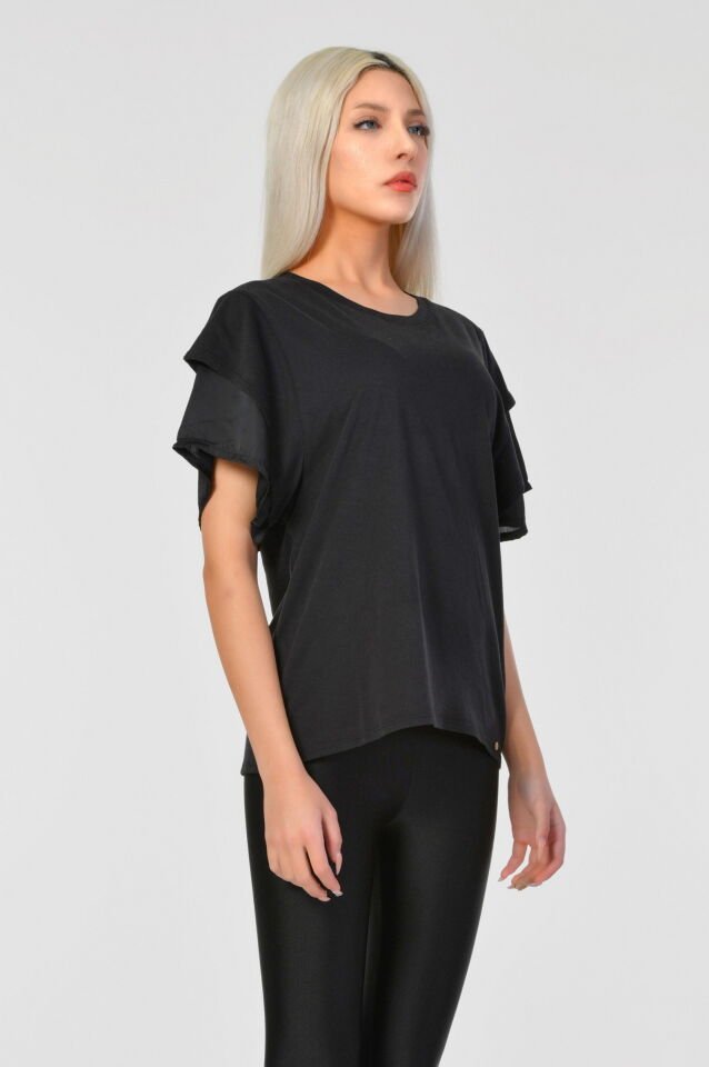 Cotton Candy Kol Uçları Saten Kısa Kol Kadın T-Shirt - Siyah