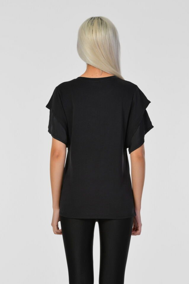 Cotton Candy Kol Uçları Saten Kısa Kol Kadın T-Shirt - Siyah