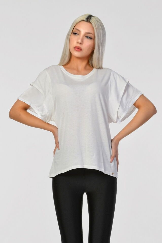 Cotton Candy Kol Uçları Saten Kısa Kol Kadın T-Shirt - Beyaz