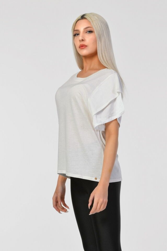 Cotton Candy Kol Uçları Saten Kısa Kol Kadın T-Shirt - Beyaz