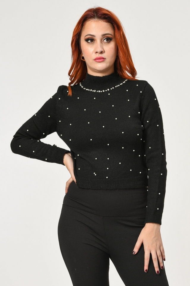 Quzu İnci İşleme Detaylı Triko  - Siyah