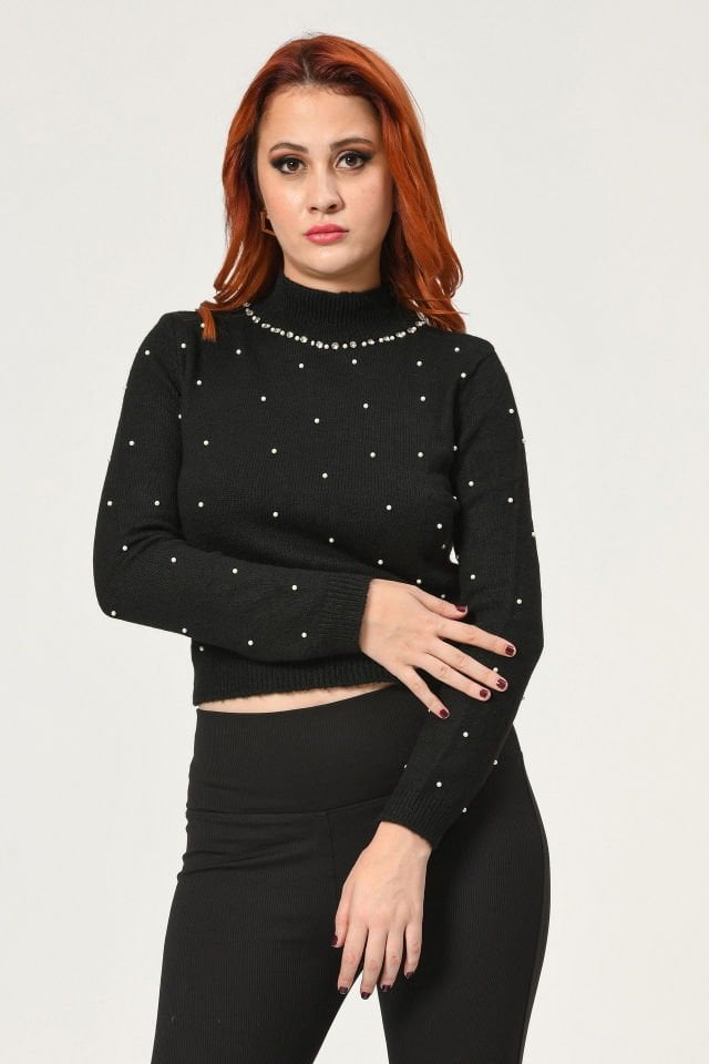 Quzu İnci İşleme Detaylı Triko  - Siyah