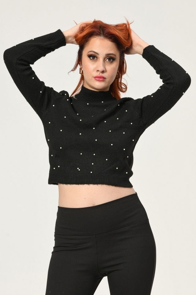 Quzu İnci İşleme Detaylı Triko  - Siyah