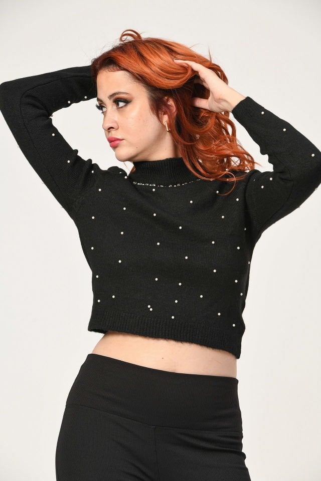 Quzu İnci İşleme Detaylı Triko  - Siyah