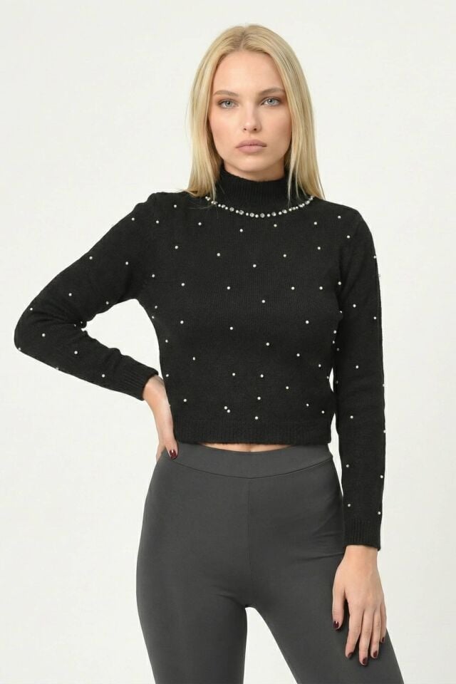 Quzu İnci İşleme Detaylı Triko  - Siyah