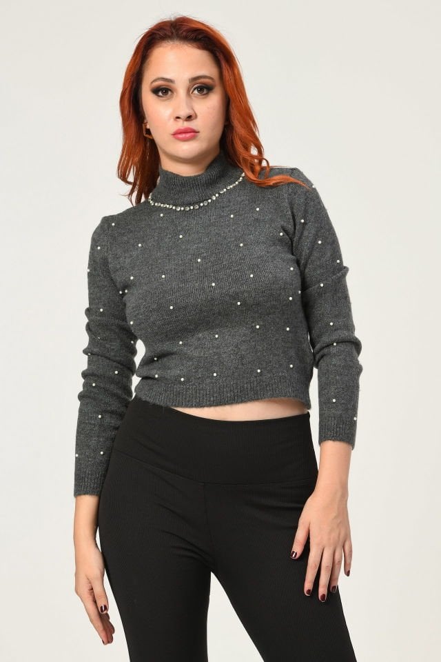 Quzu İnci İşleme Detaylı Triko  - Gri